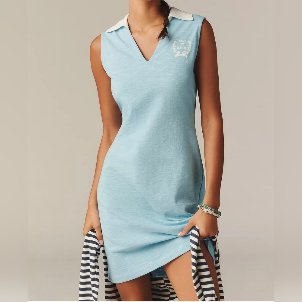Sundry x Anthropologie Sleeveless Polo Mini Dress in Chambray Blue, Size Small - Picture 4 of 13